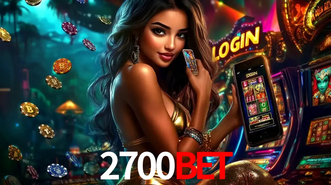 Mulher em um cenário de cassino temático de aventura, mostrando o app de caça-níqueis da 2700BET no celular. Fichas de apostas flutuam ao redor.