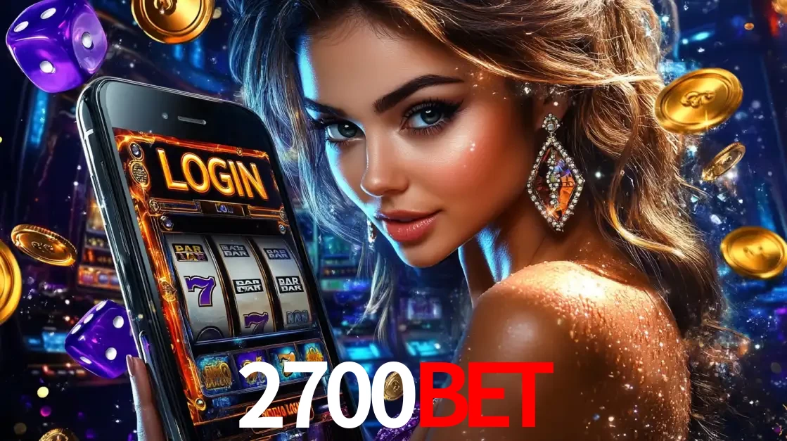 Mulher glamorosa segurando um smartphone com a tela de login para os jogos de caça-níqueis do cassino online 2700BET, com moedas de ouro e dados ao redor.